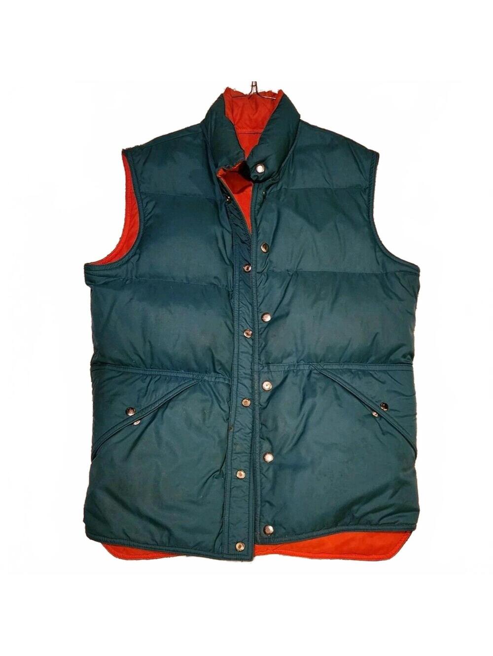 Mens Green/orange Reversible Puffer Vest Snaps Pockets Sz S camp